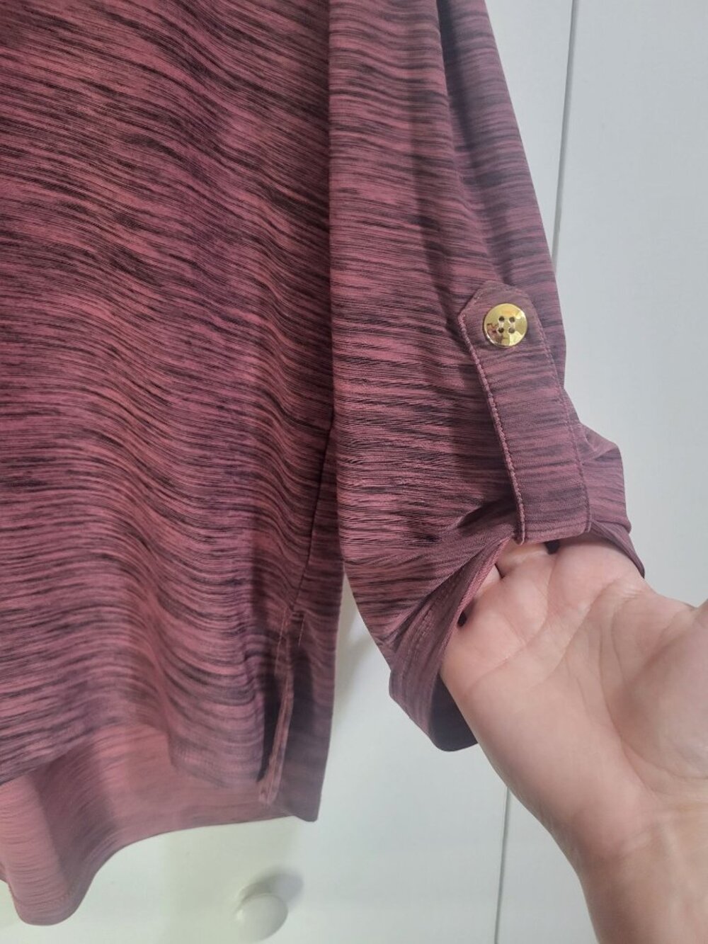 Linda Matthews SZ LG Roll Tab Sleeve Blouse Top Space Dye Heathered Partial Zip - Picture 6 of 8